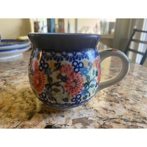 BEAUTIFUL 'UNIKAT'  HANDMADE POLAND BUBBLE MUG POTTERY FLORAL PATTERN 12 OZ NWOT
